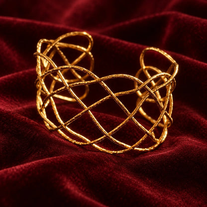 The Lattice Gold Open-Weave Wide Cuff Bangle — three-quarter view on neutral background showing full open-weave sculptural silhouette with hammered gold wire texture and looped top edge