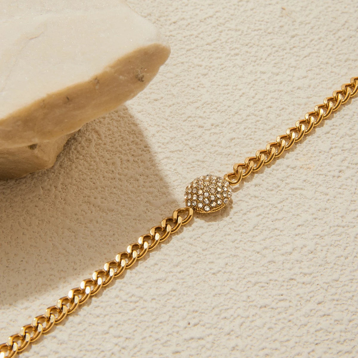The Orbit Gold Pavé Crystal Ball Chain Bracelet — spec image showing chain length 16+5cm and ball charm diameter with weight 6.3g