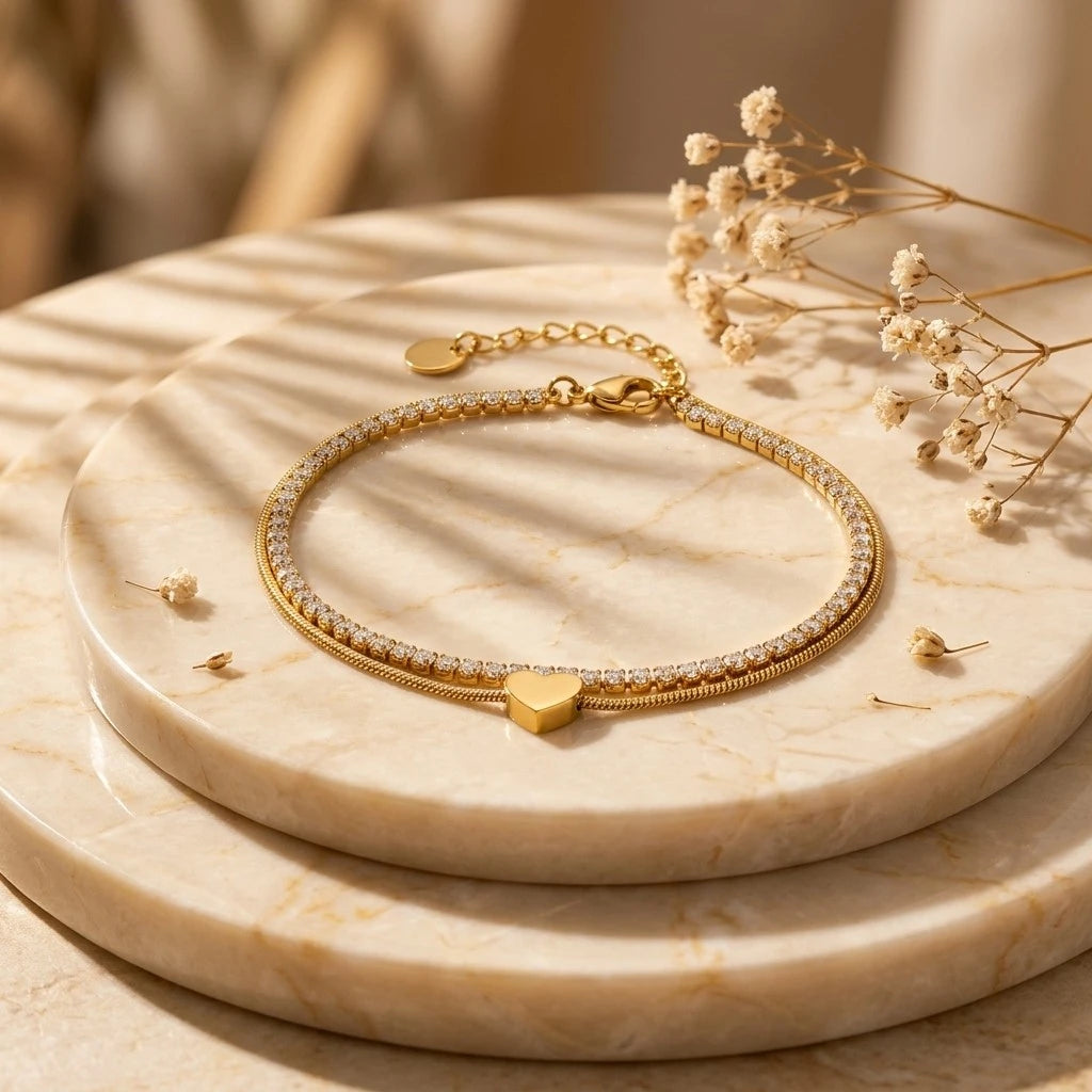 The Duo Gold Heart Charm Double Layer Bracelet — spec image showing dimensions: length 170mm+56mm extender, snake chain width 2.5mm, heart charm 6mm, weight 3g