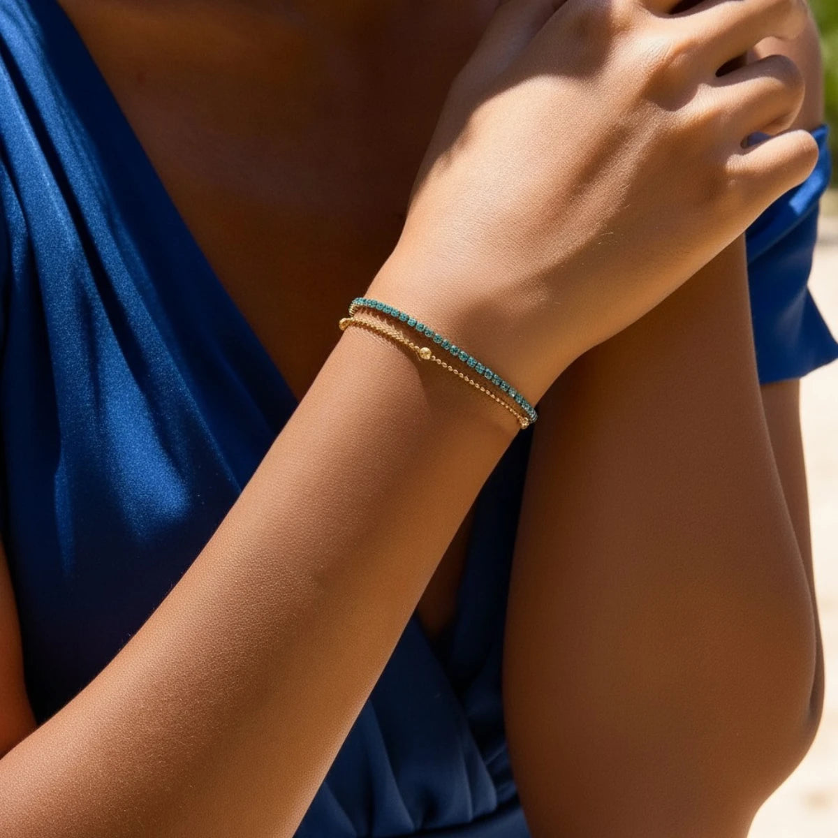 Double-row bracelet displayed on a light stone surface