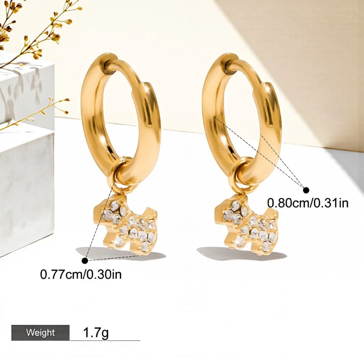 The Pave Crystal Dog Charm Drop Huggies