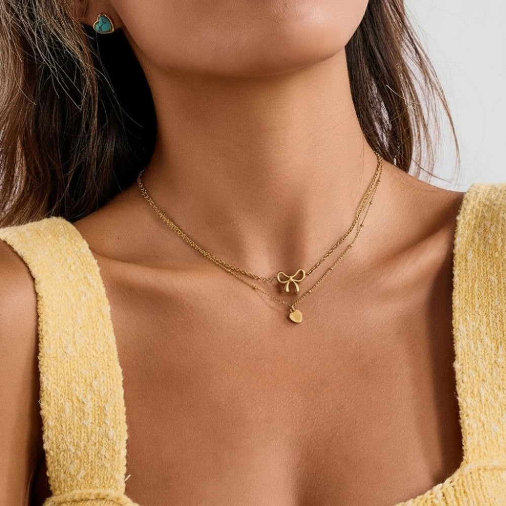 The Amor Layered Bow & Heart Pendant Necklace Set