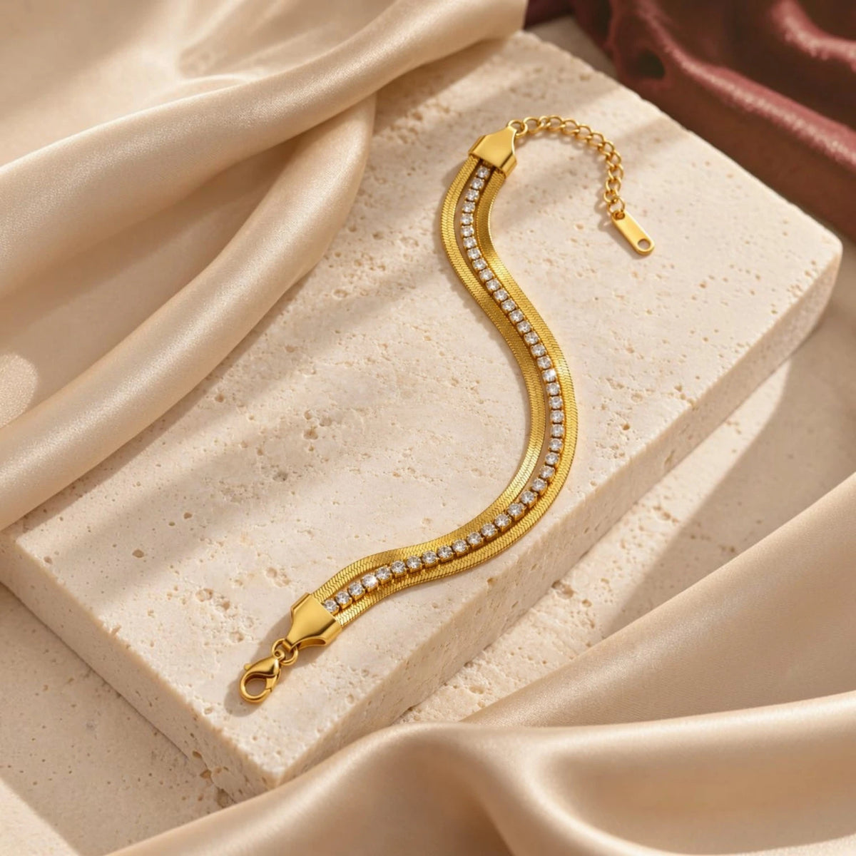 The Glide Gold Tennis & Herringbone Double Layer Bracelet